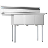 Freestanding Stainless Steel 51 in. 2-Hole Triple Bowl Commercial Kitchen Sink Left Drainboard