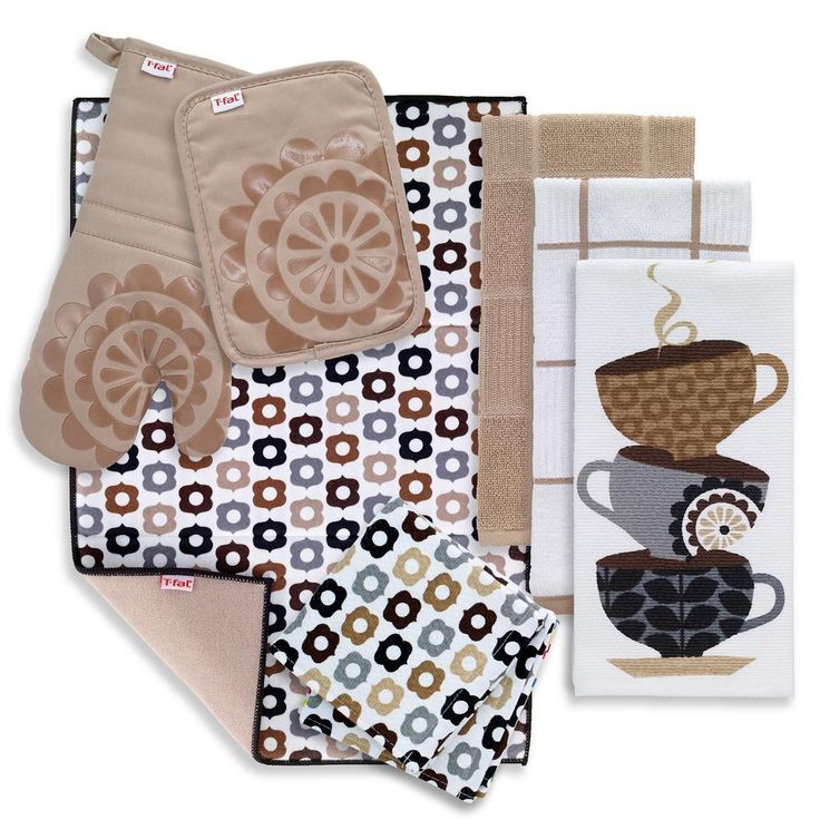 T-Fal Sand Cotton Coffee Solids and Prints Kitchen Towels (Set of 8)