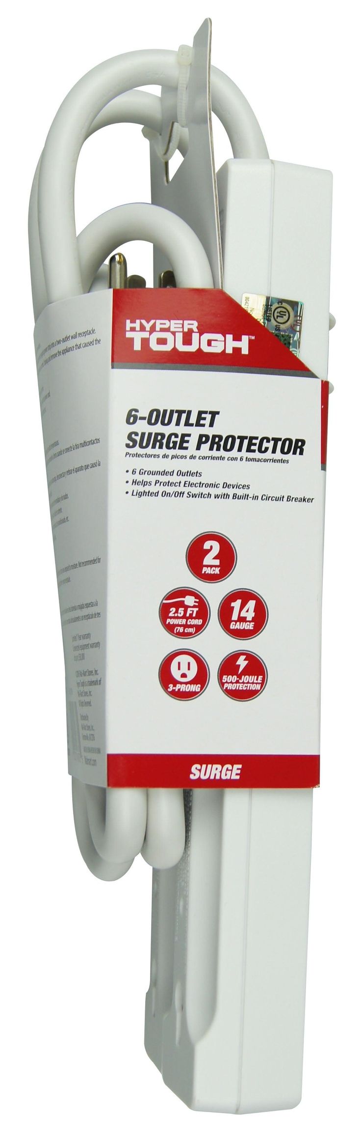 Hyper Tough 2 Pack 6-Outlet Surge Protector with 2.5 ft Cords 500-Joule, White