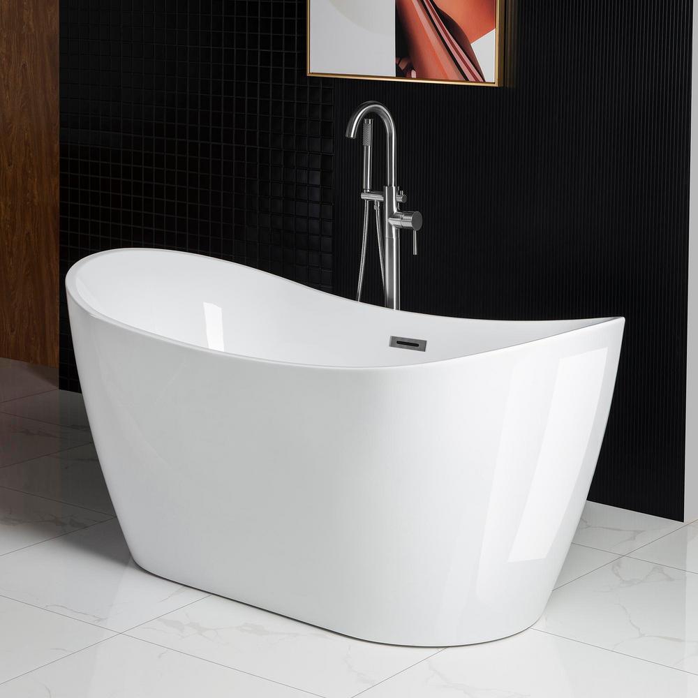 59 in. Acrylic Freestanding Double Slipper Flatbottom Soaking Bathtub with Drain and Overflow Included in White - Super Arbor