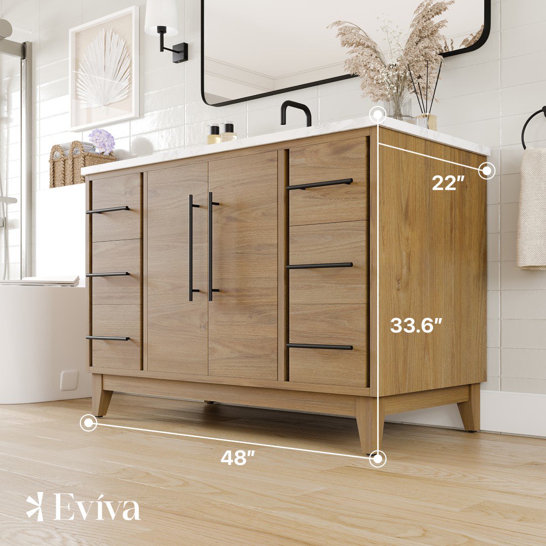 Eviva Graham 48"W x 22"D Oak Bathroom Vanity with White Arabescato Engineered Stone Countertop and Undermount Ceramic Sink
