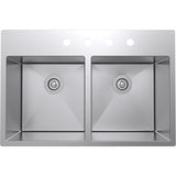 Drop-in Stainless Steel 33 in. 4-Hole Double Bowl 50/50 Kitchen Sink Kit in Satin