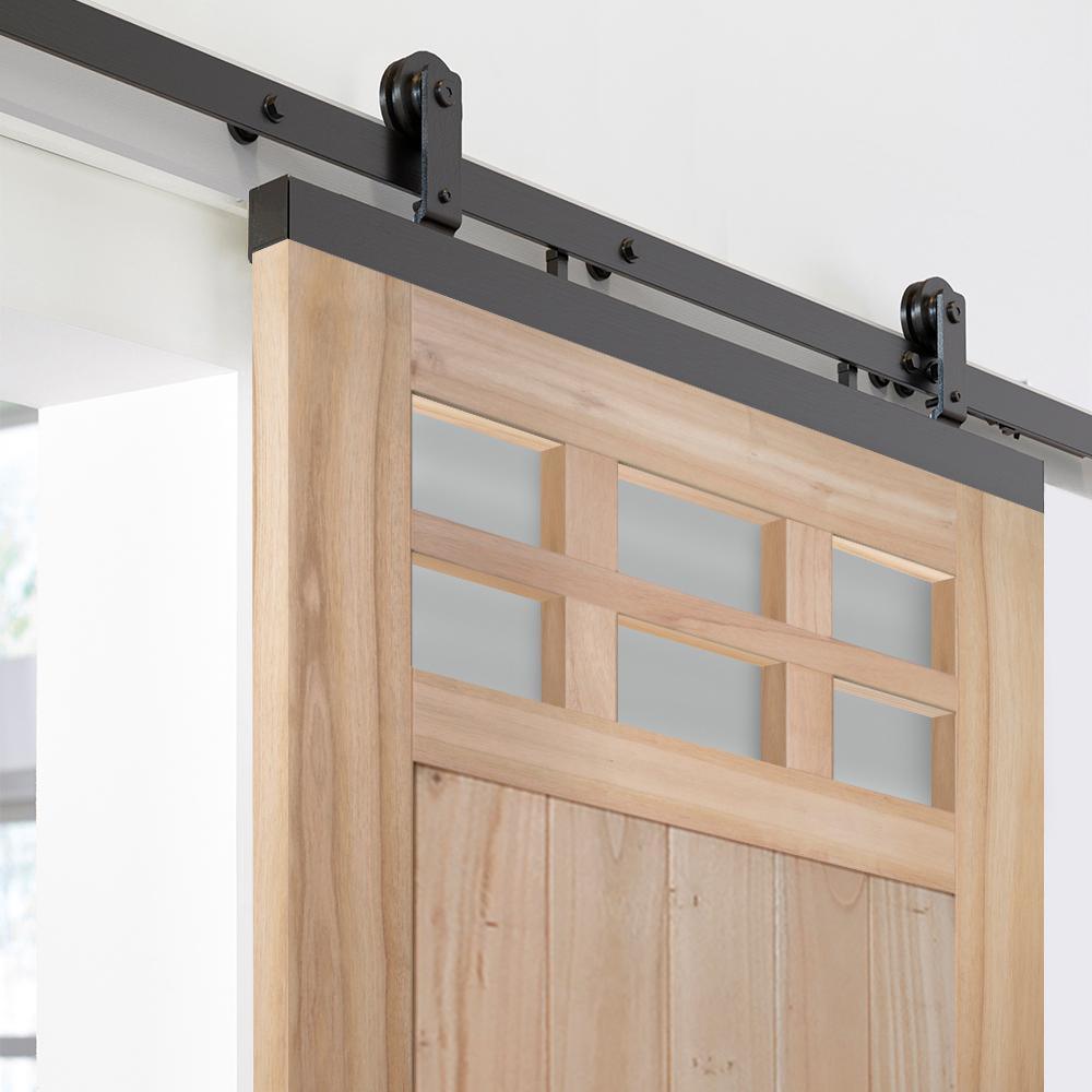 36 in. x 80 in. DesignGlide Farmhouse Unfinished Solid Wood 6-Lite Obscure Glass Sliding Barn Door & Black Hardware Kit - Super Arbor