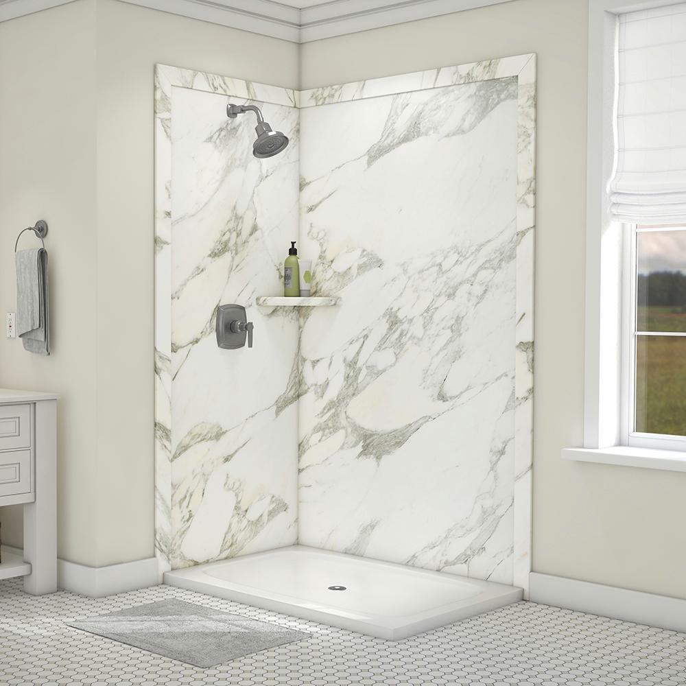Elegance 36 in. x 48 in. x 80 in. 7-Piece Easy Up Adhesive Corner Shower Wall Surround in Triton - Super Arbor