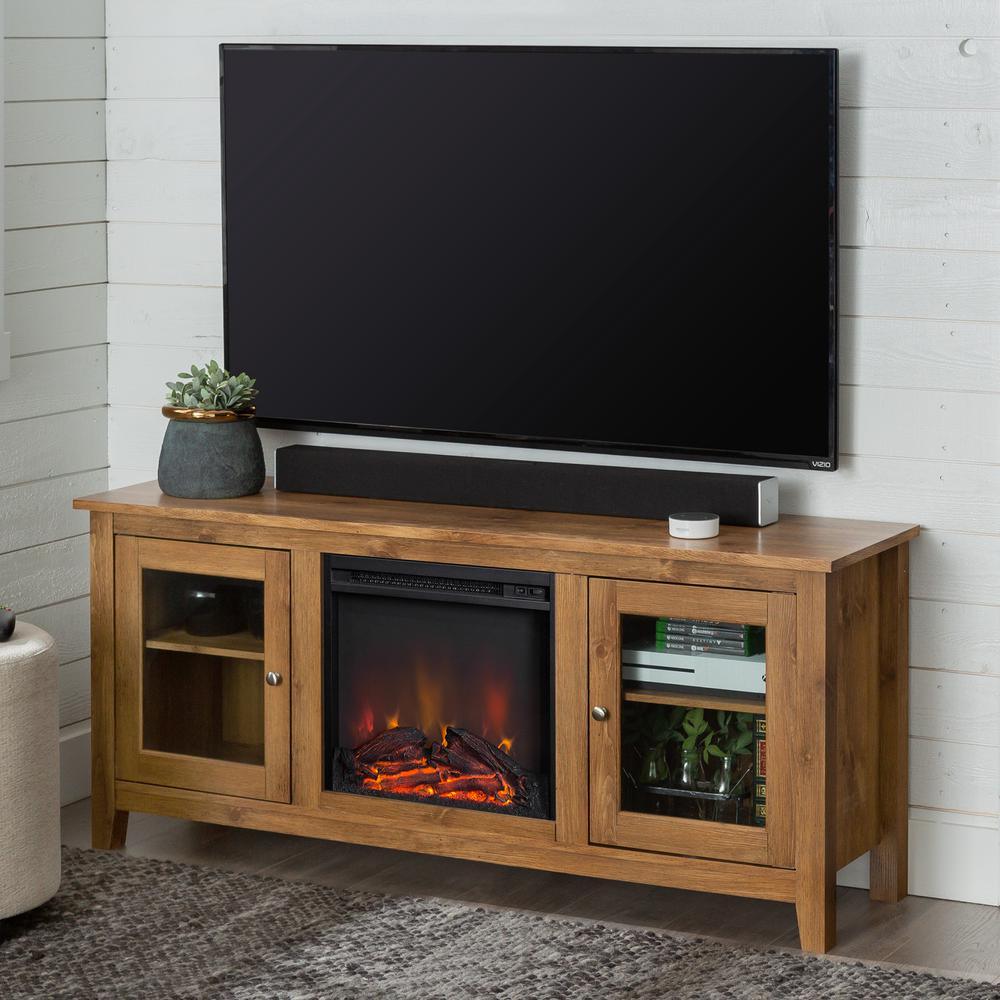 58 in. Wood Media TV Stand Console with Fireplace - Grey Wash - Super Arbor