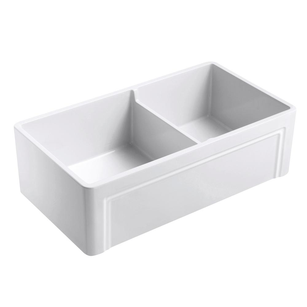 Olde London Farmhouse Fireclay 33 in. 55/45 Double Bowl Kitchen Sink with Grid with Grid and Strainer - Super Arbor