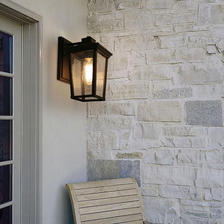 1-Light Black 11 in. H Square Patio LED Decorative Outdoor Metal Caged Wall Lantern Seeded Glass Sconce