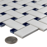 Merola Tile Metro Basketweave Matte White with Cobalt Dot 11-3/4 in. x 11-3/4 in. Porcelain Mosaic Tile (19.58 sq. ft./Case)