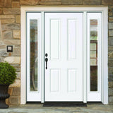 60 in. x 80 in. 4-Panel Primed White Right-Hand Steel Prehung Front Door with 10 in. Clear Glass Sidelites 4 in. Wall - Super Arbor