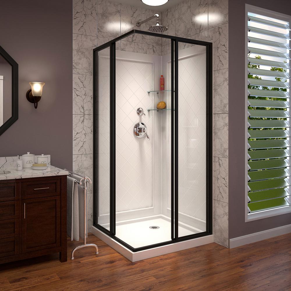 Cornerview 36 in. D x 36 in. W Framed Sliding Shower Kit in Satin Black with Shower Base in White, Corner Drain - Super Arbor