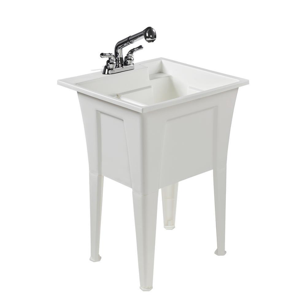 24 in. x 22 in. Polypropylene White Laundry Sink with 2 Hdl Non Metallic Pullout Faucet and Installation Kit - Super Arbor