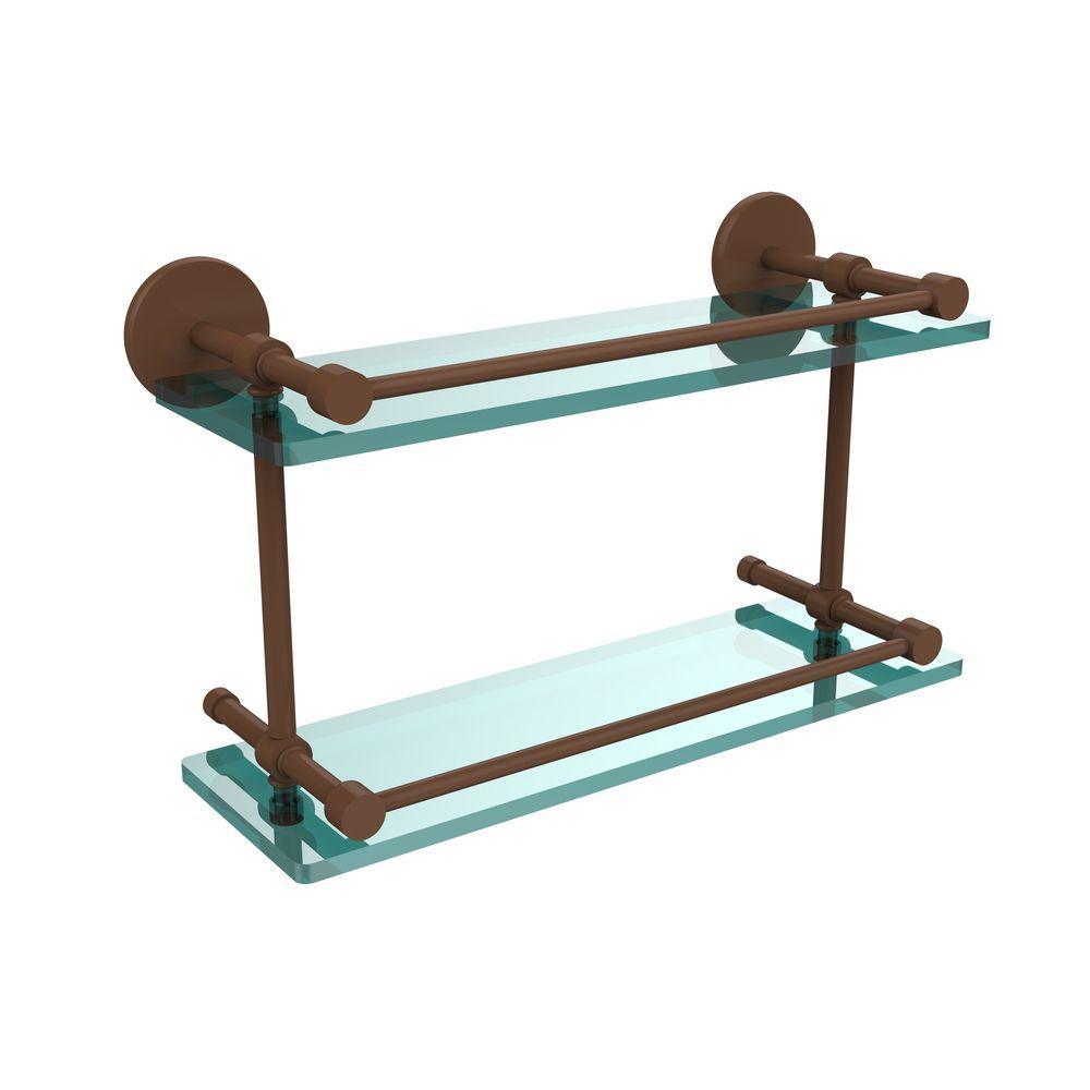 16 in. L x 8 in. H x 5 in. W 2-Tier Clear Glass Bathroom Shelf with Gallery Rail in Brushed Bronze - Super Arbor