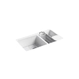 Riverby Undermount Cast Iron 33 in. 5-Hole Double Bowl Kitchen Sink Kit in White - Super Arbor