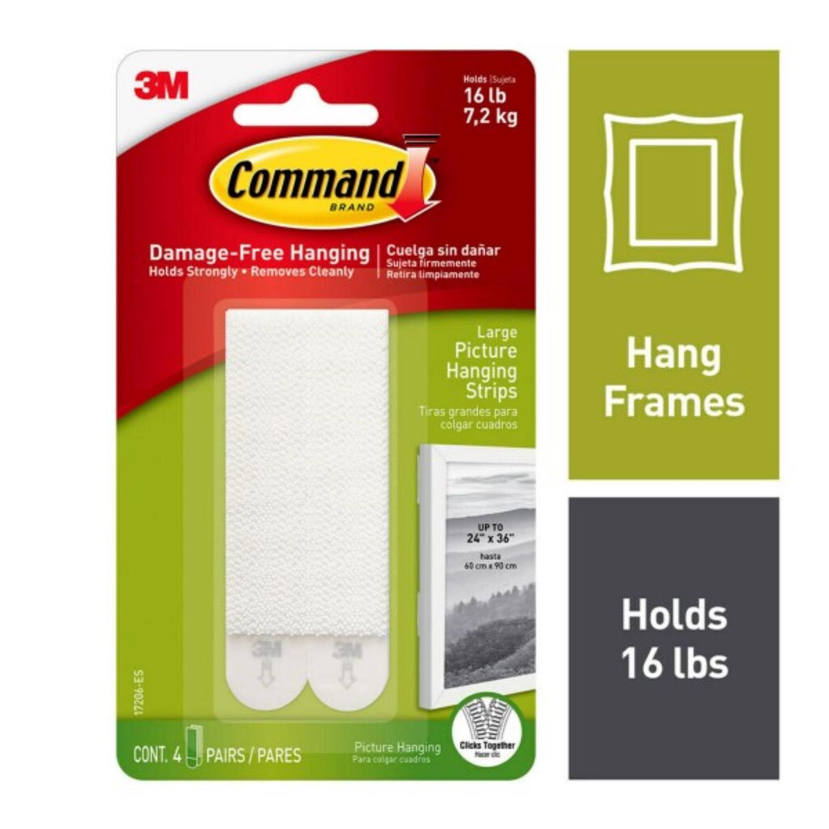 3M Command White Large Picture Hanging Strips, 16 lb Hold, 8 Pack (4 Pairs)