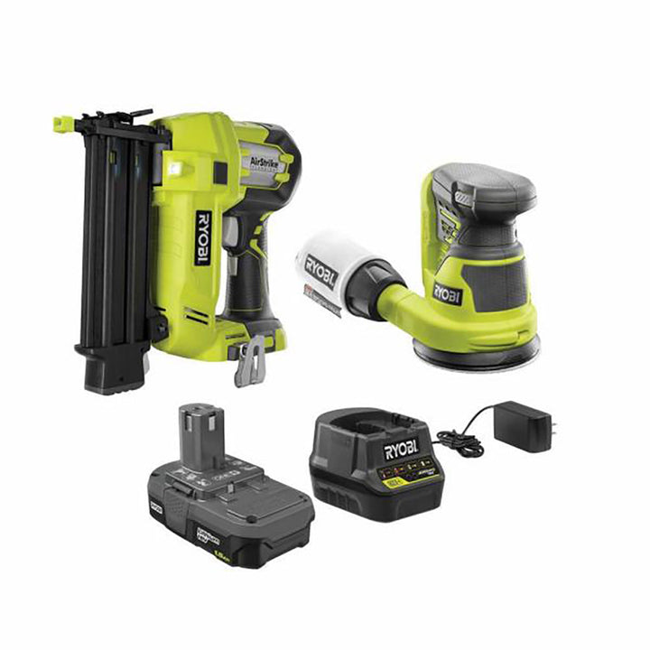 RYOBI 18V ONE+ Cordless 18-Gauge Brad Nailer and 5 in. Random Orbit Sander Combo Kit with (1) 1.5 Ah Battery and Charger