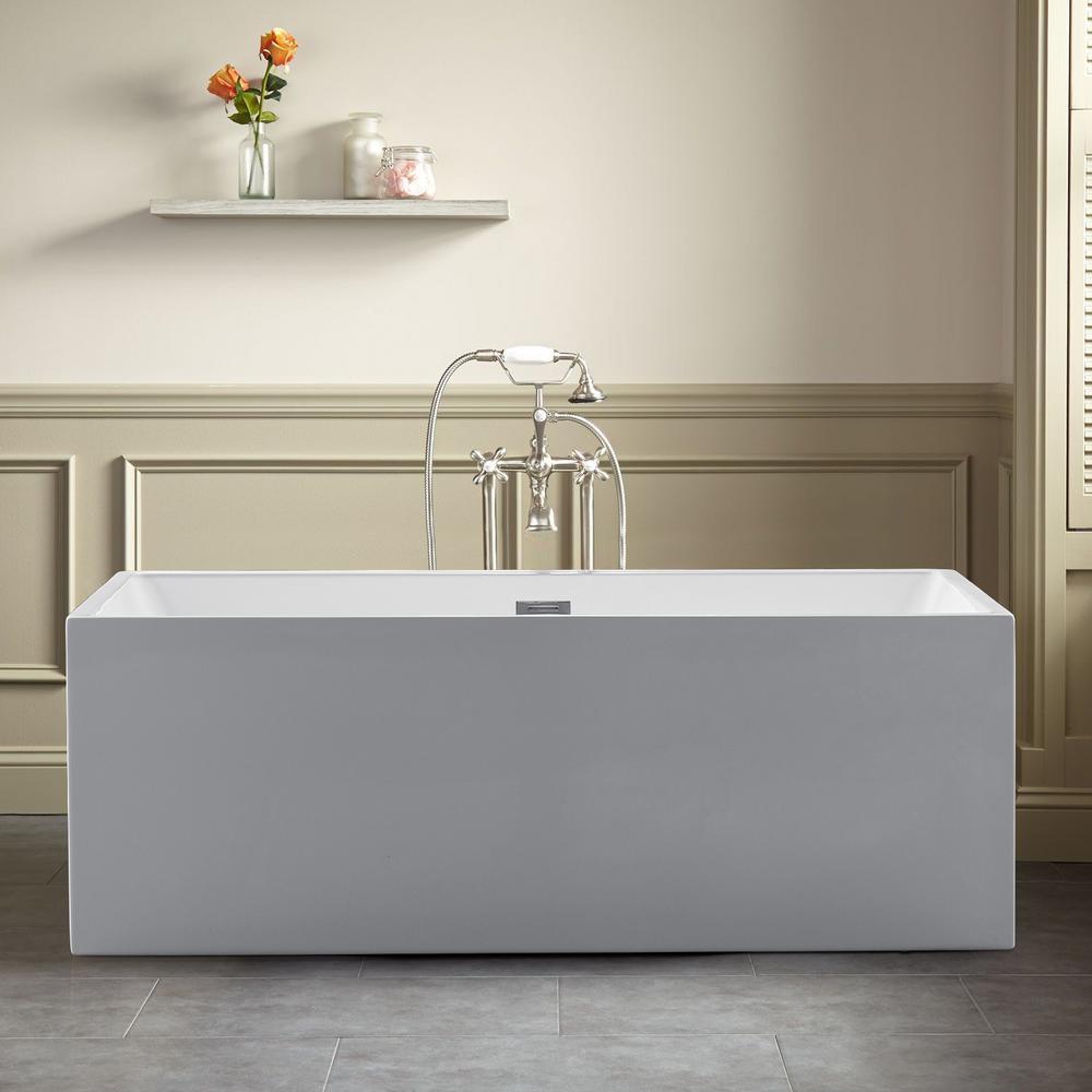 Rectangle 67 in. x 32 in. x 24 in. Contemporary Soaking Acrylic Flatbottom Freestanding Bathtub with Overflow, White - Super Arbor