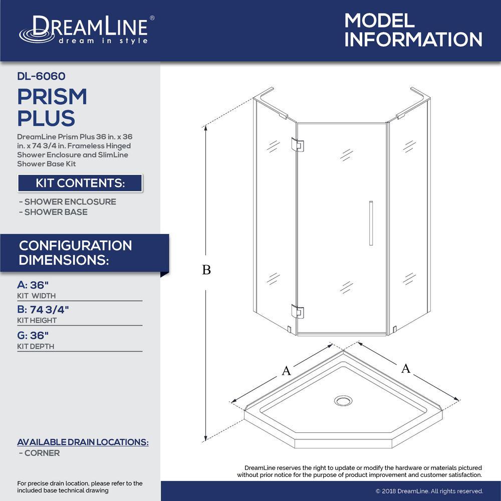 Prism Plus 36 in. x 36 in. x 74.75 in. Semi-Frameless Neo-Angle Hinged Shower Enclosure in Brushed Nickel with Base - Super Arbor