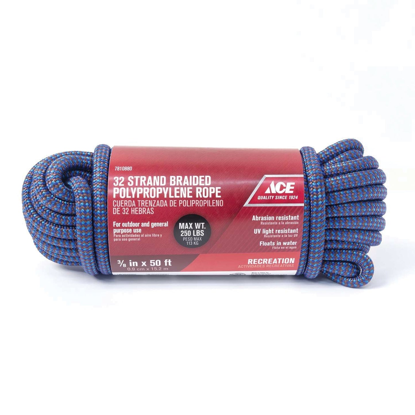 Ace 3/8 in. x 50 ft Blue Diamond-Braided Polypropylene Rope