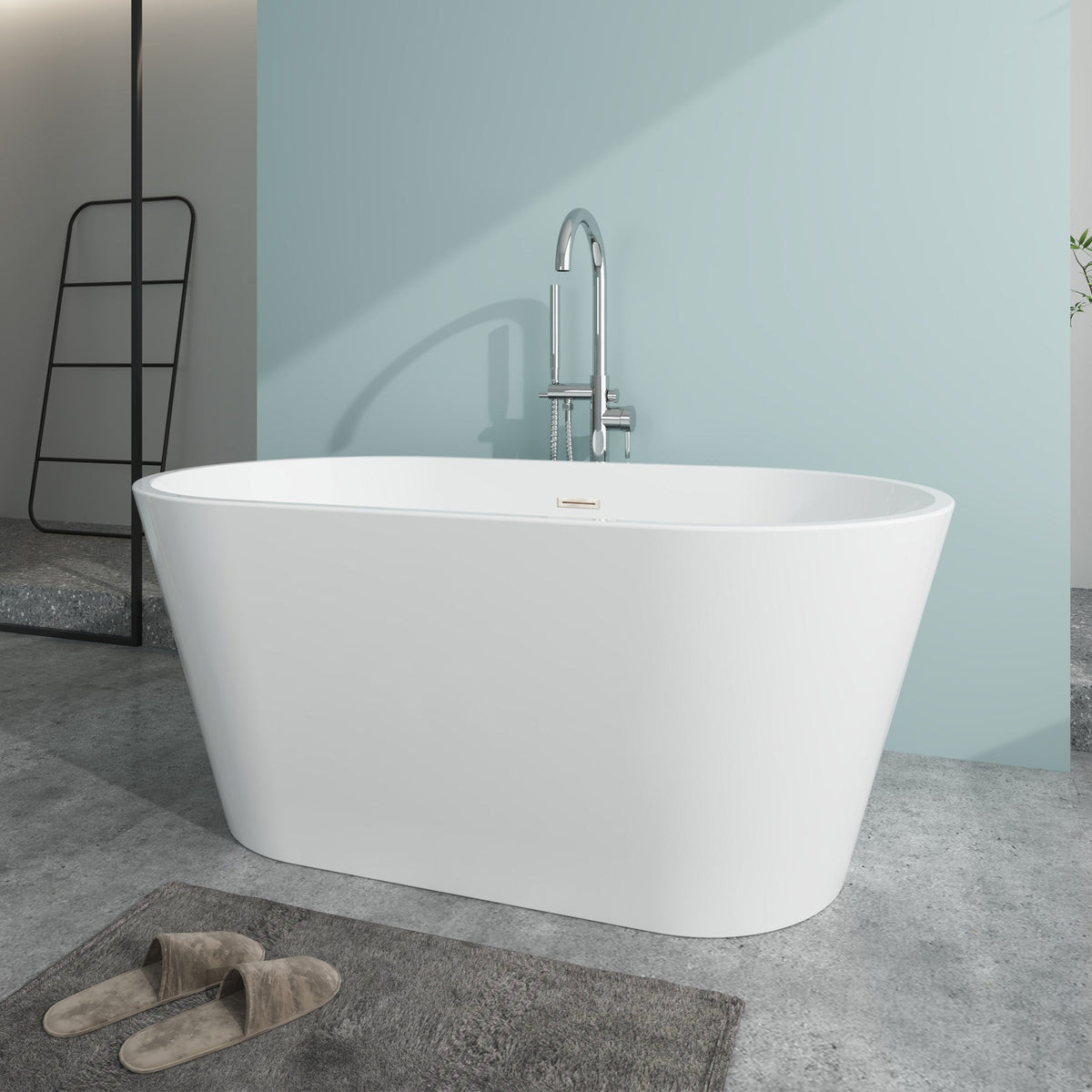 Vanity Art Domme 59 in. Acrylic Flatbottom Freestanding Non-Slip Bathtub in White/Titanium Gold