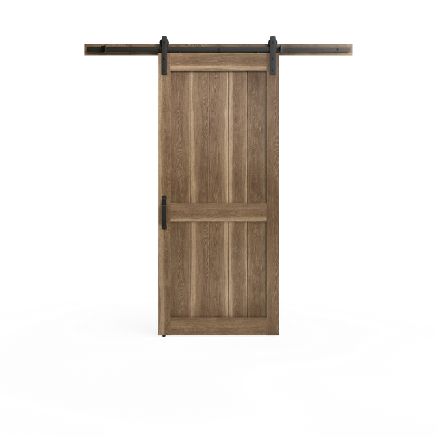 Masonite 36 in. x 84 in. 2 Panel Plank Sandy Brown Interior Sliding Barn Door Slab with Hardware Kit
