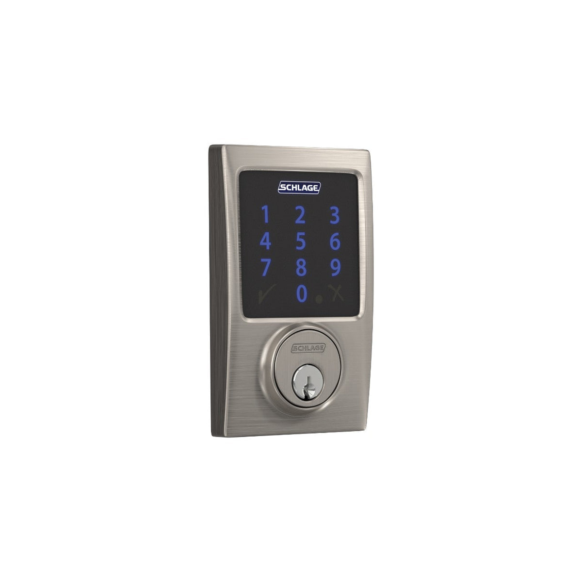 Schlage Century Satin Nickel Connect Z‑Wave Plus Touchscreen Deadbolt with Century Handleset and Hobson Knob, Century Trim