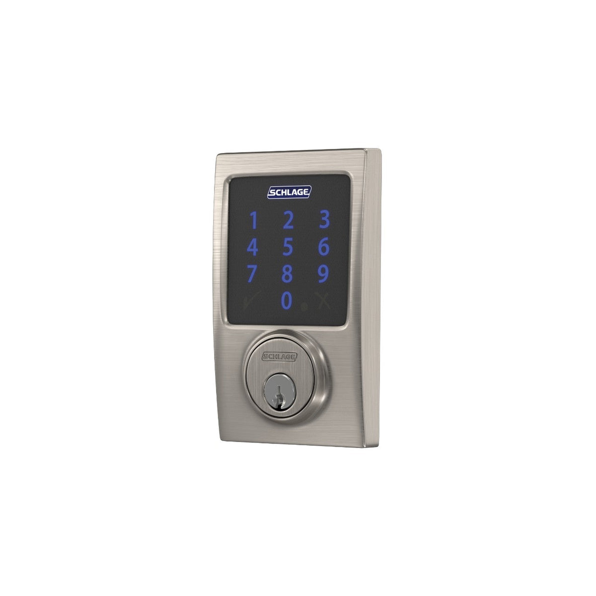 Schlage Century Satin Nickel Connect Z‑Wave Plus Touchscreen Deadbolt with Century Handleset and Hobson Knob, Century Trim