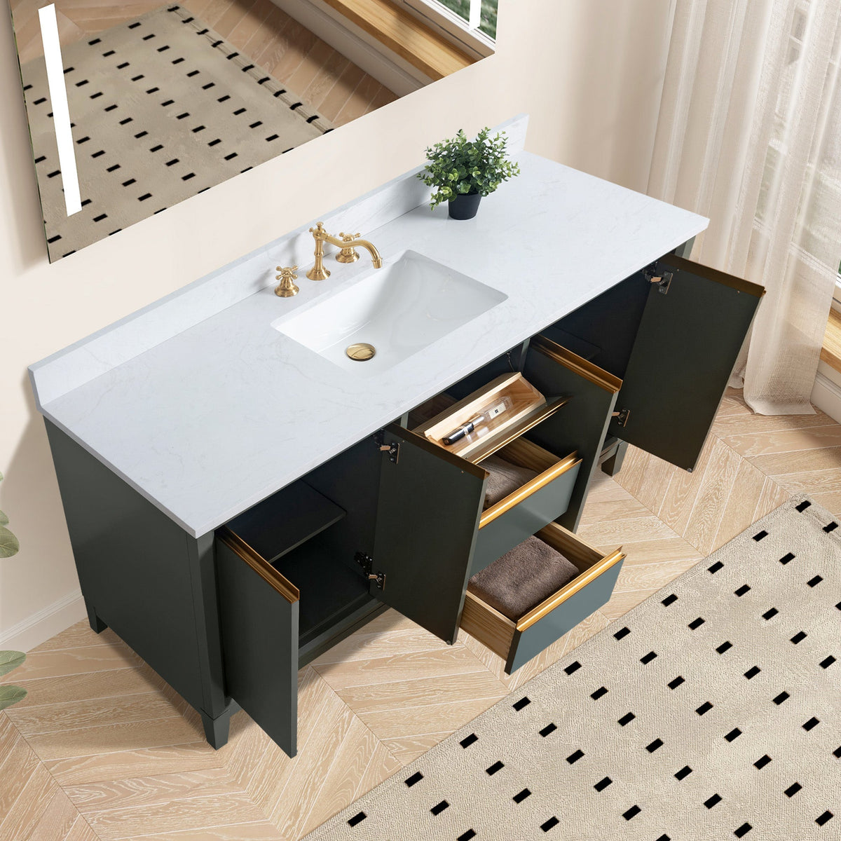 Vanity Art 60 in. W x 22 in. D x 34 in. H Single Sink Bathroom Vanity Cabinet in White with Engineered Marble Top in White
