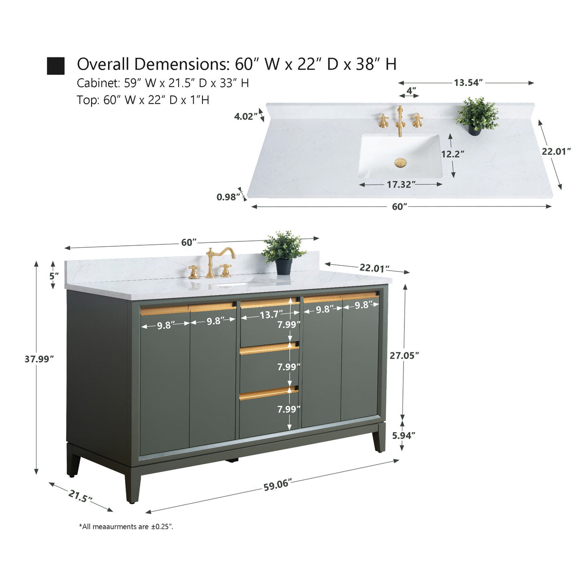 Vanity Art 60 in. W x 22 in. D x 34 in. H Single Sink Bathroom Vanity Cabinet in White with Engineered Marble Top in White