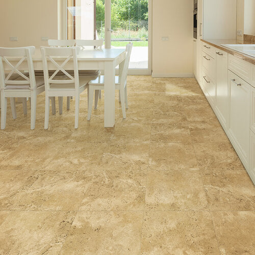 Perfection Floor Tile Sample – Travertine Collection, Camel/Satin Interlocking Vinyl Tile (Water-Resistant)