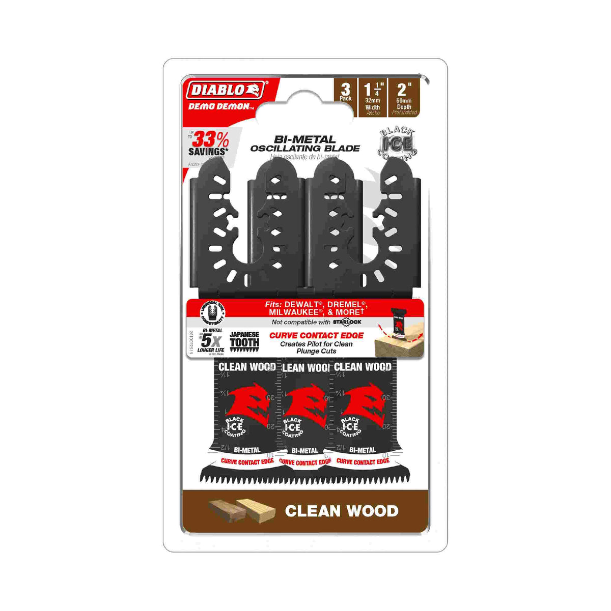 Diablo Demo Demon Bi-Metal Oscillating Blade for Clean Wood 1-1/4" 3/Pack