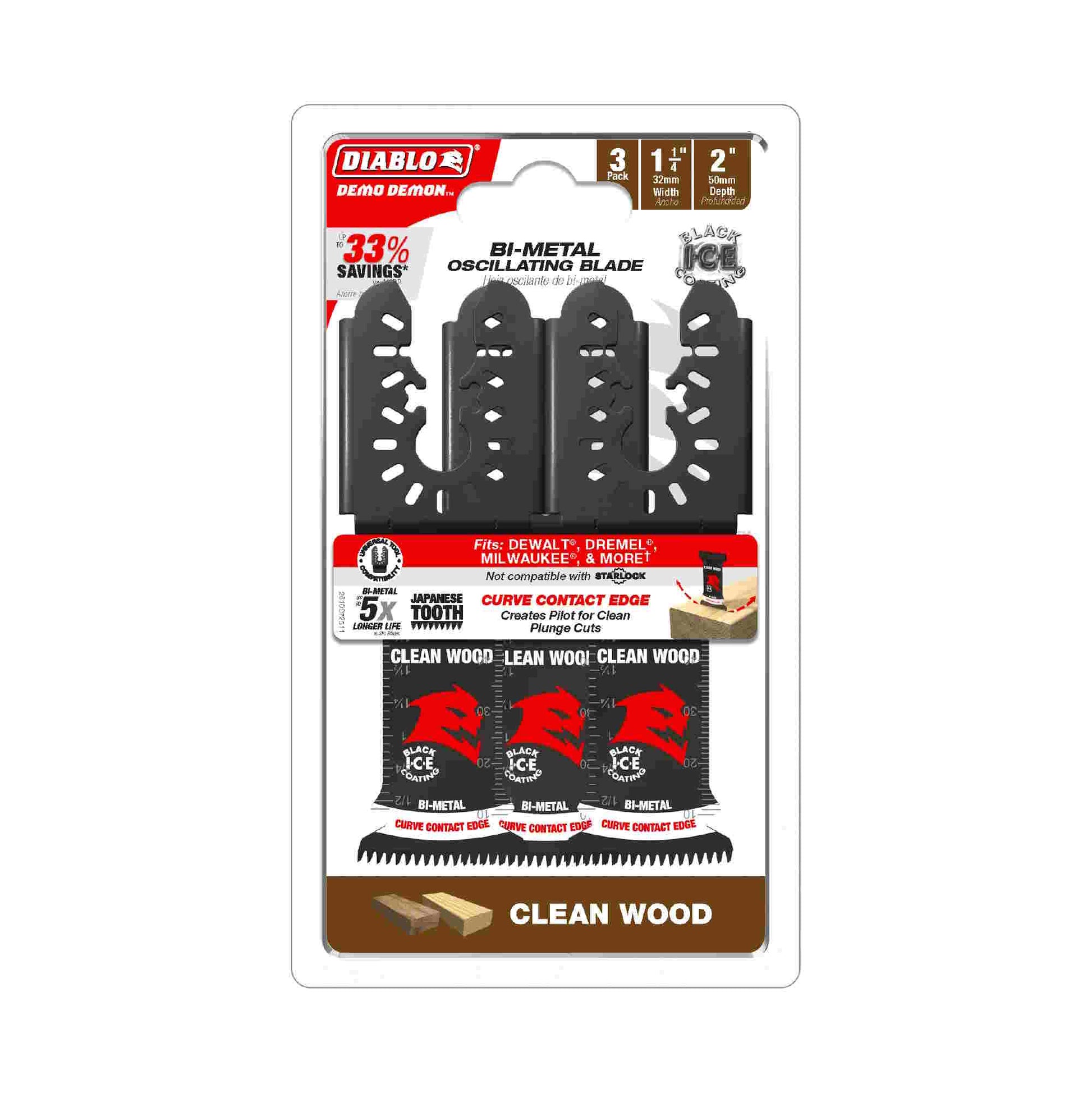 Diablo Demo Demon Bi-Metal Oscillating Blade for Clean Wood 1-1/4" 3/Pack