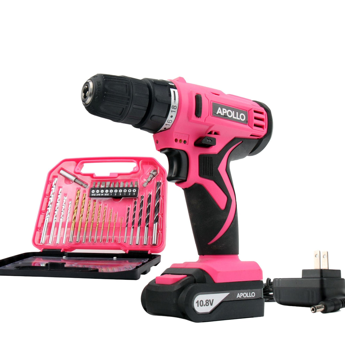 Apollo Tools 10.8-Volt Lithium-Ion 3/8 in. Pink Cordless Drill with 30-Piece Accessory Set