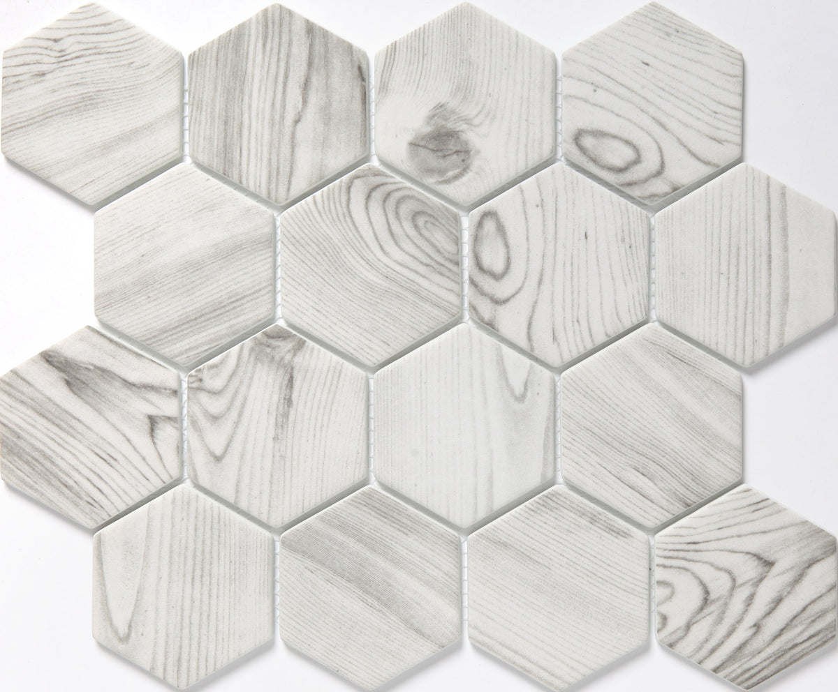 Emser Echo 14‑Pack Gray Wood Look Glass Mosaic Tile Border, 2" Hex on 12" x 14" Mesh