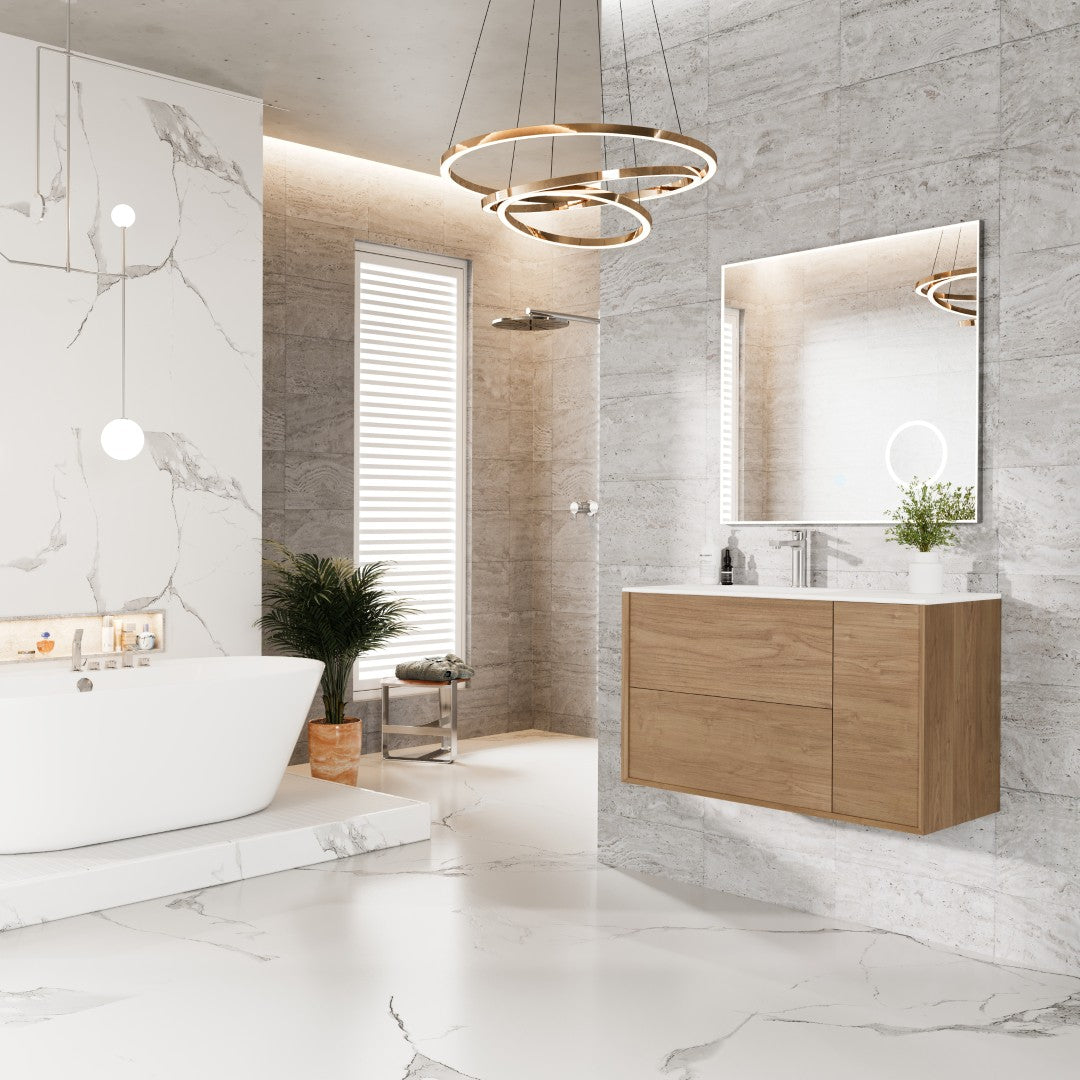 Eviva Prancer 36"W x 20"D Natural Oak Wall Mount Bathroom Vanity with White Solid Surface Countertop and Integrated Sink