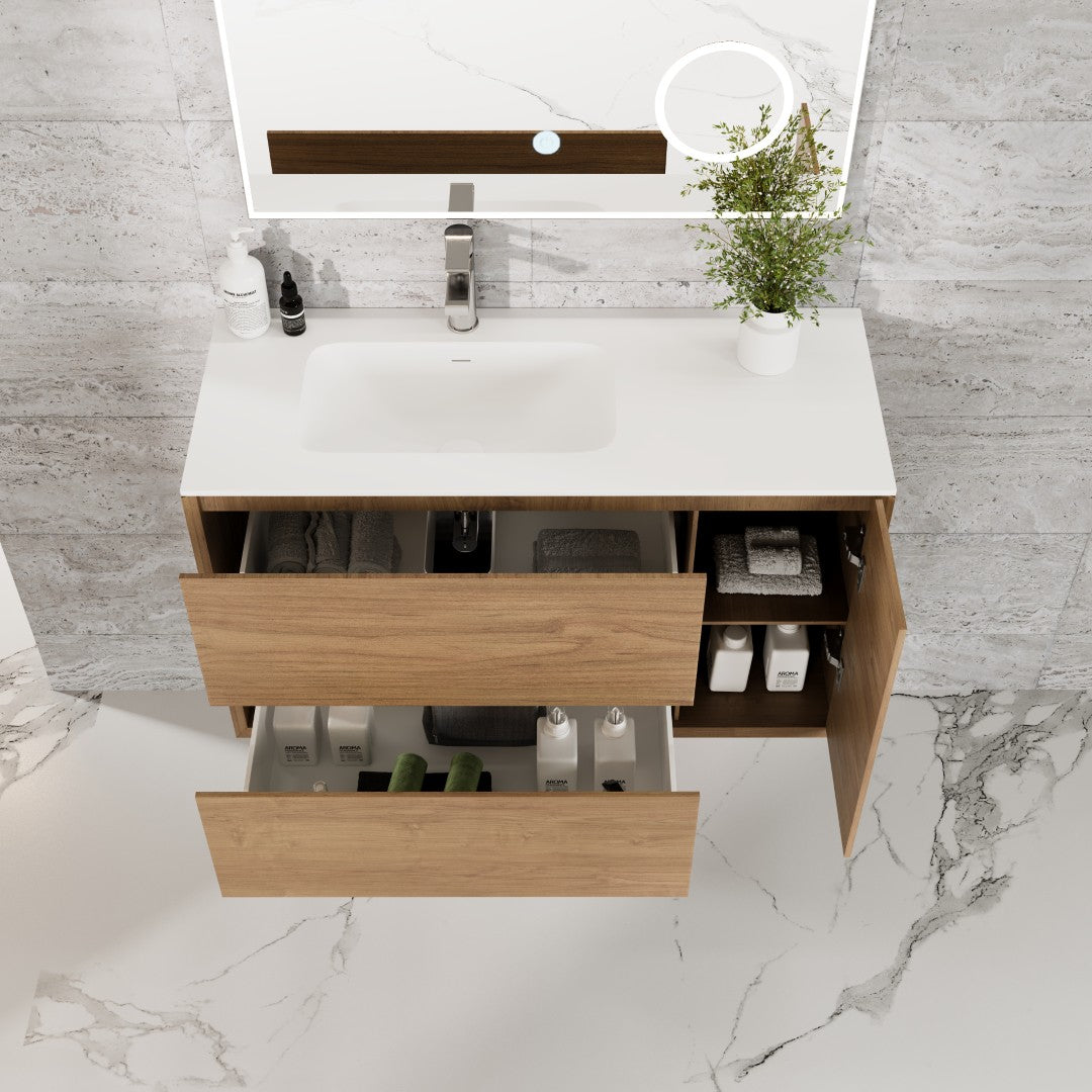 Eviva Prancer 36"W x 20"D Natural Oak Wall Mount Bathroom Vanity with White Solid Surface Countertop and Integrated Sink