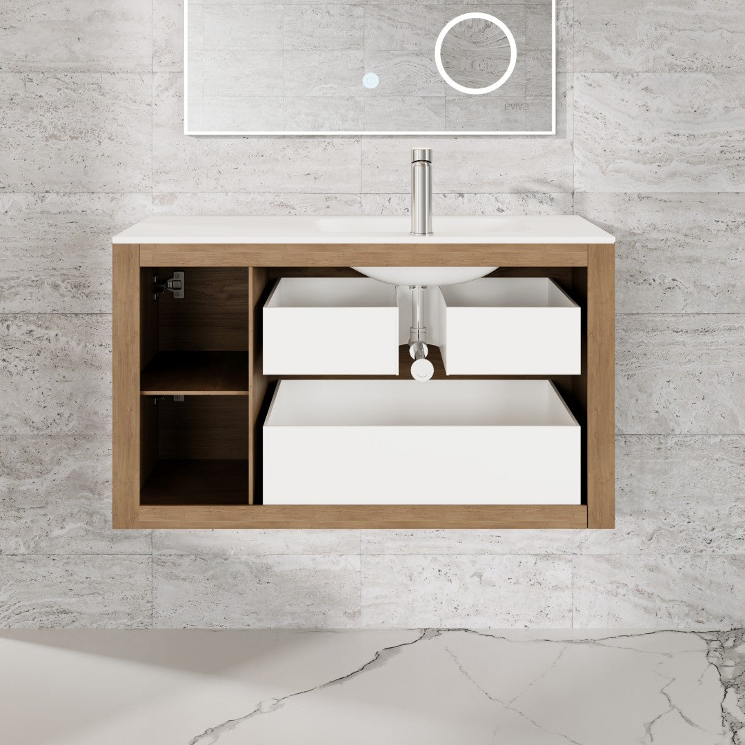 Eviva Prancer 36"W x 20"D Natural Oak Wall Mount Bathroom Vanity with White Solid Surface Countertop and Integrated Sink