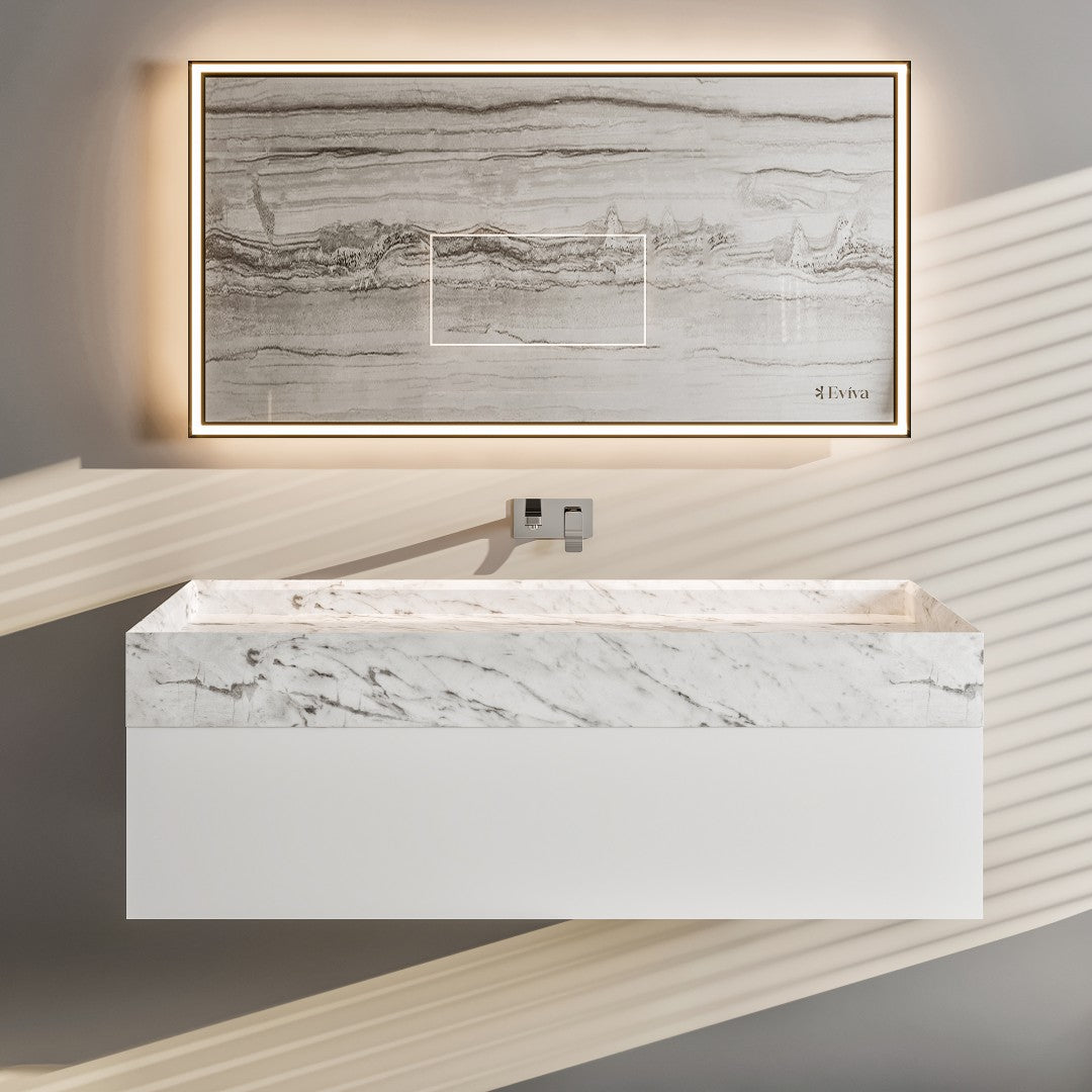 Eviva Fritti 48 in. W x 20 in. D x 16.5 in. H Floating Bathroom Vanity in White with White Carrara Marble Top with Trough Sink