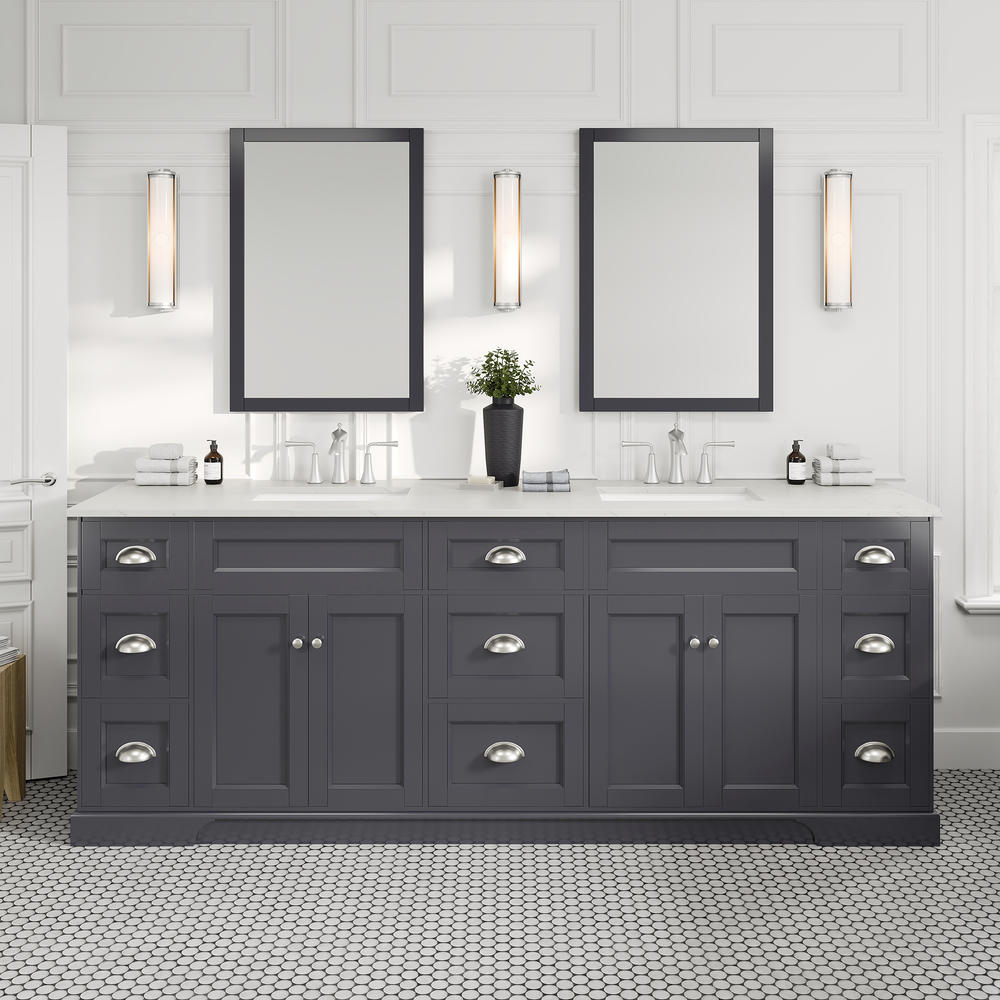 Eviva Epic 84 in. W x 22 in. D x 34 in. H Double Bathroom Vanity, Charcoal Gray, White Quartz Top, White Undermount Sinks