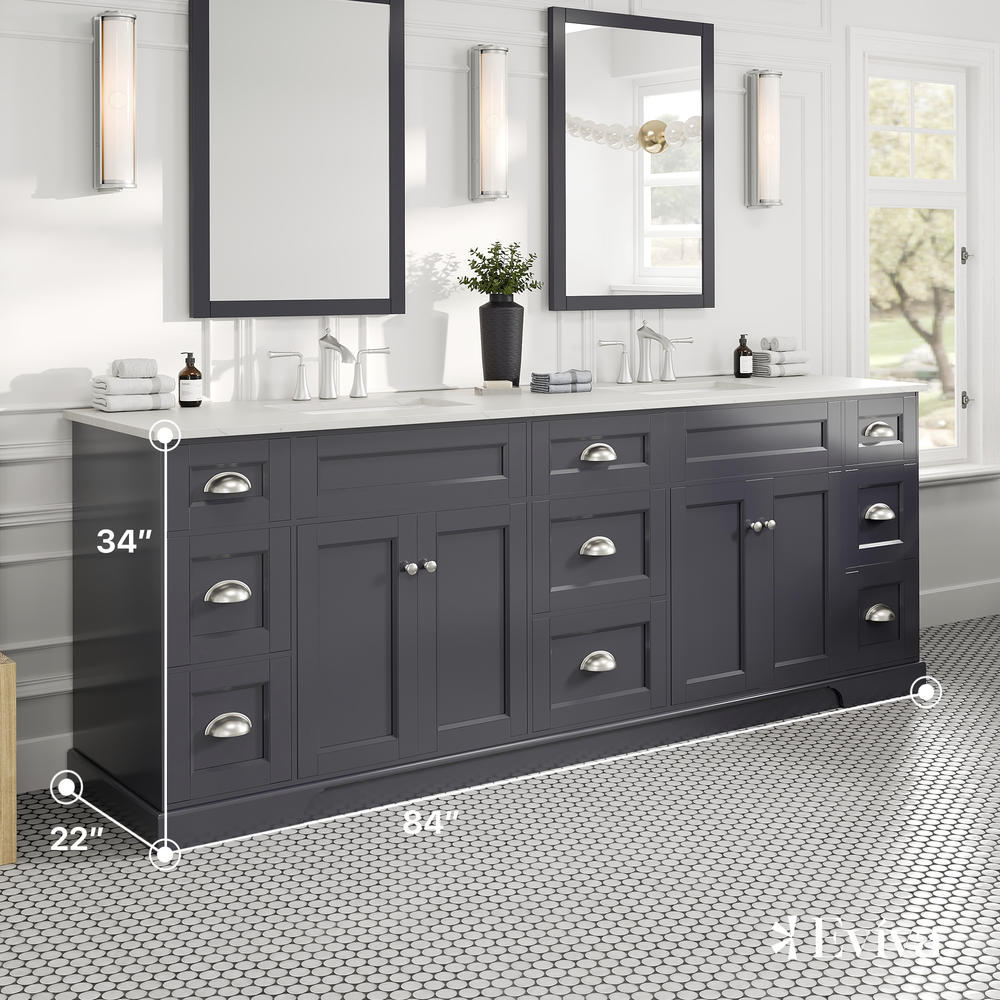 Eviva Epic 84 in. W x 22 in. D x 34 in. H Double Bathroom Vanity, Charcoal Gray, White Quartz Top, White Undermount Sinks