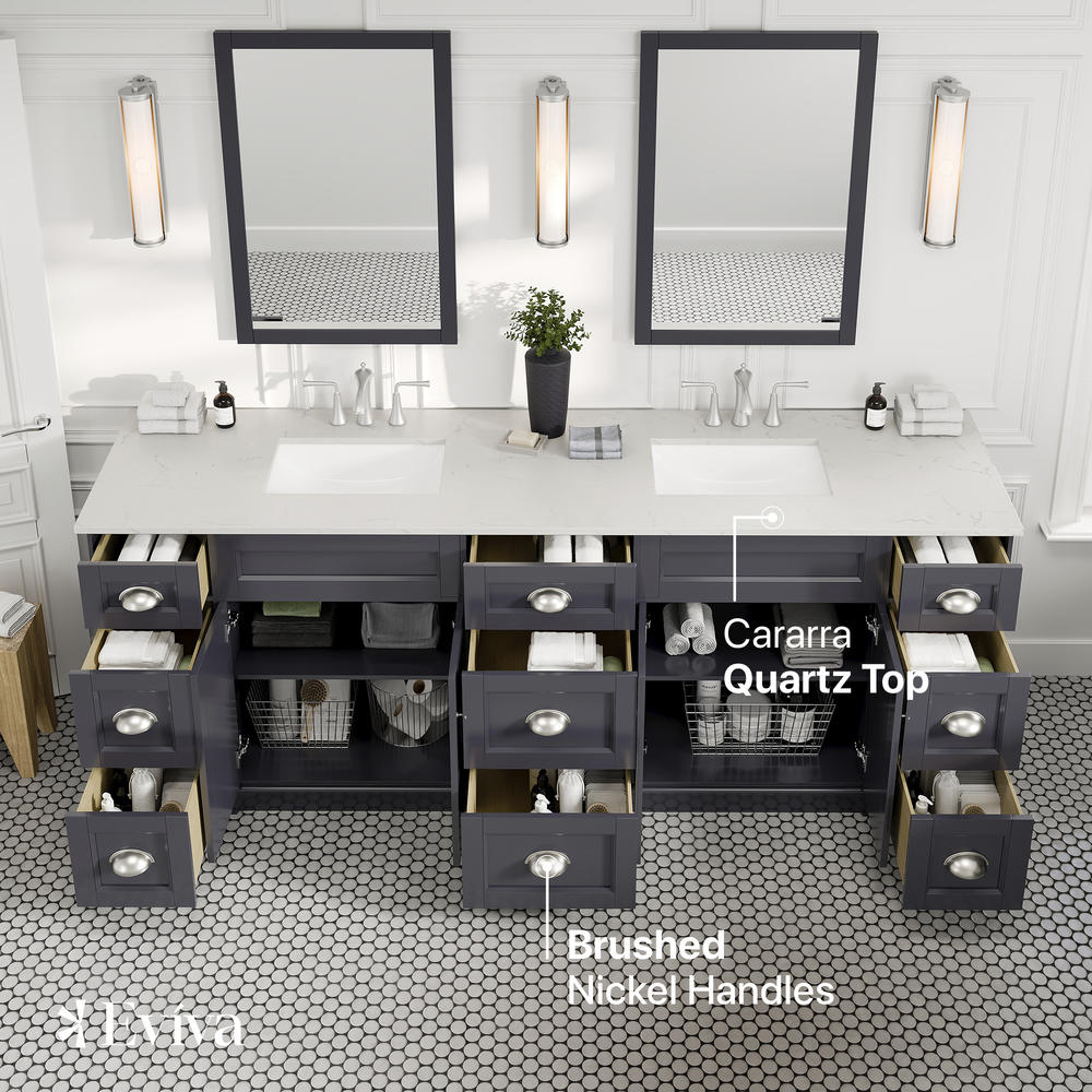 Eviva Epic 84 in. W x 22 in. D x 34 in. H Double Bathroom Vanity, Charcoal Gray, White Quartz Top, White Undermount Sinks