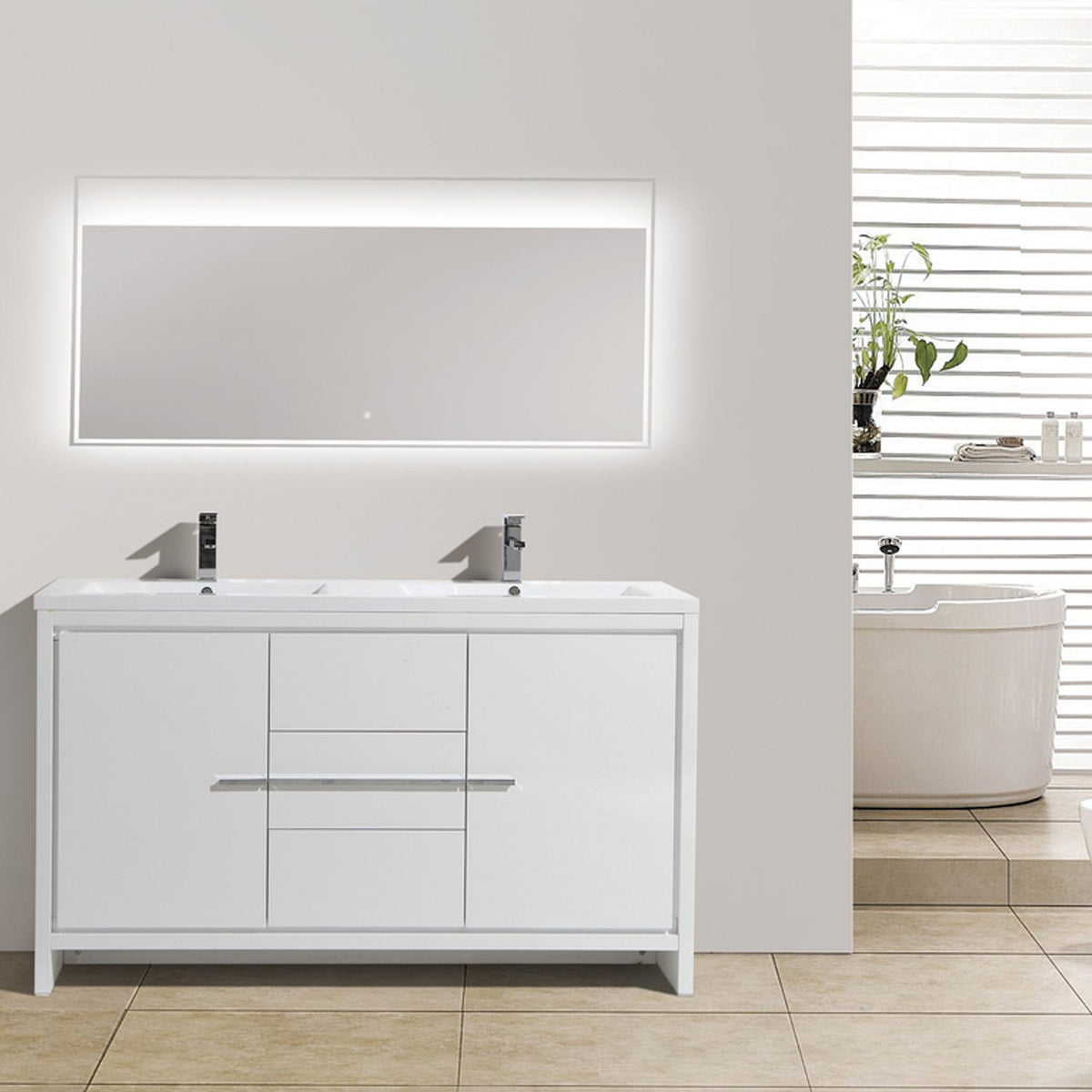 Eviva Grace 60 in. W x 20 in. D x 36 in. H Double Bathroom Vanity in White with White Acrylic Top with White Sinks