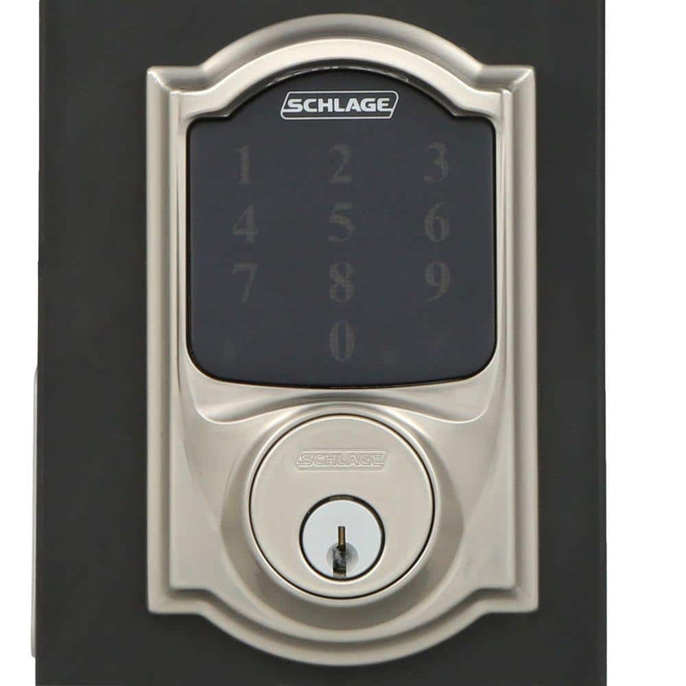 Schlage Camelot Satin Nickel Connect Z-Wave Plus Smart Deadbolt & Camelot Handleset with Accent Lever, Camelot Trim
