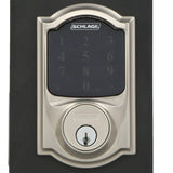 Schlage Camelot Satin Nickel Connect Z-Wave Plus Smart Deadbolt & Camelot Handleset with Accent Lever, Camelot Trim