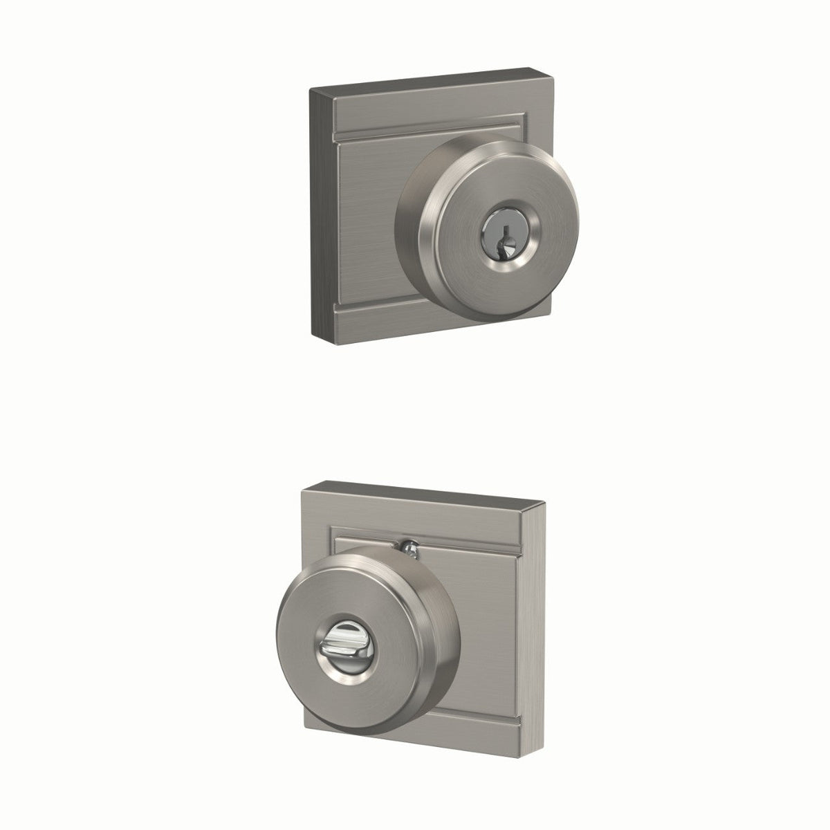 Schlage Bowery Satin Nickel Keyed Entry Knob with Upland Trim, Grade 1, Fits 1-3/8 in. Doors