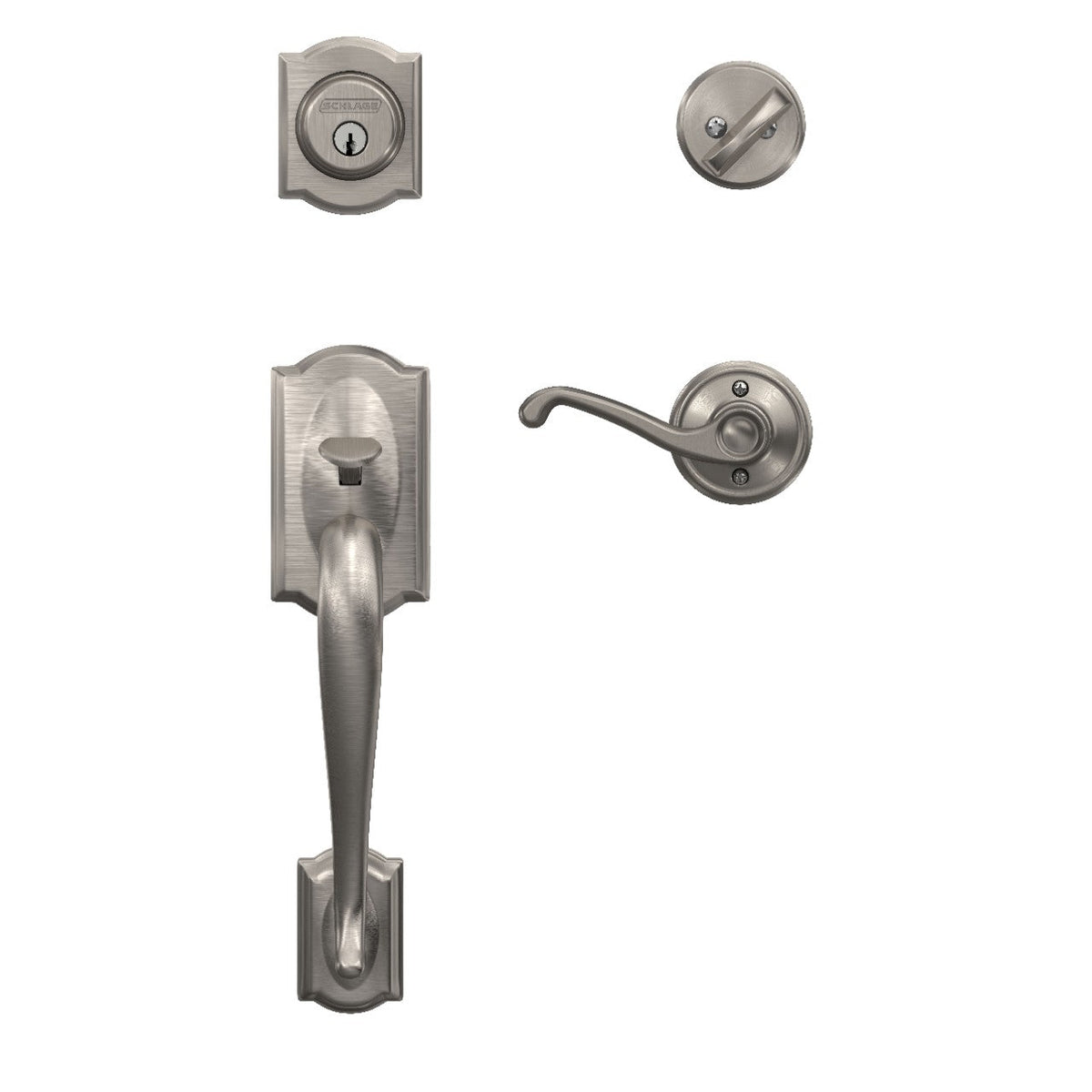 Schlage Camelot Antique Brass Single Cylinder Deadbolt with Left-Handed Flair Lever Door Handleset