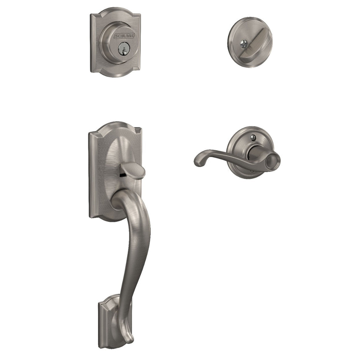 Schlage Camelot Satin Nickel Single Cylinder Deadbolt with Left-Handed Flair Lever Handleset