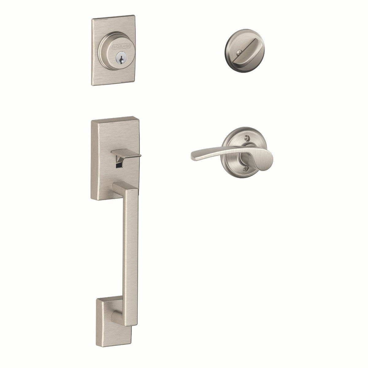 Century Satin Nickel Single Cylinder Deadbolt with Right Handed Merano Lever Door Handleset