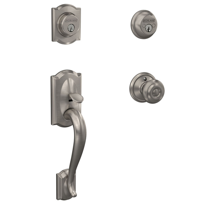 Schlage Camelot Satin Nickel Double Cylinder Deadbolt with Georgian Knob Door Handleset