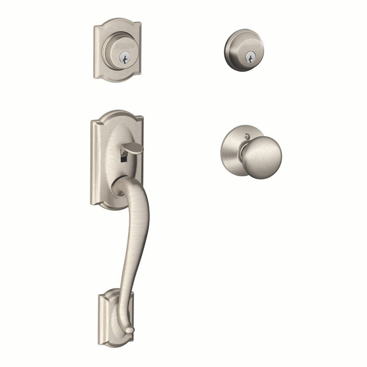 Schlage Camelot Bright Brass Double Cylinder Deadbolt with Plymouth Knob Door Handleset