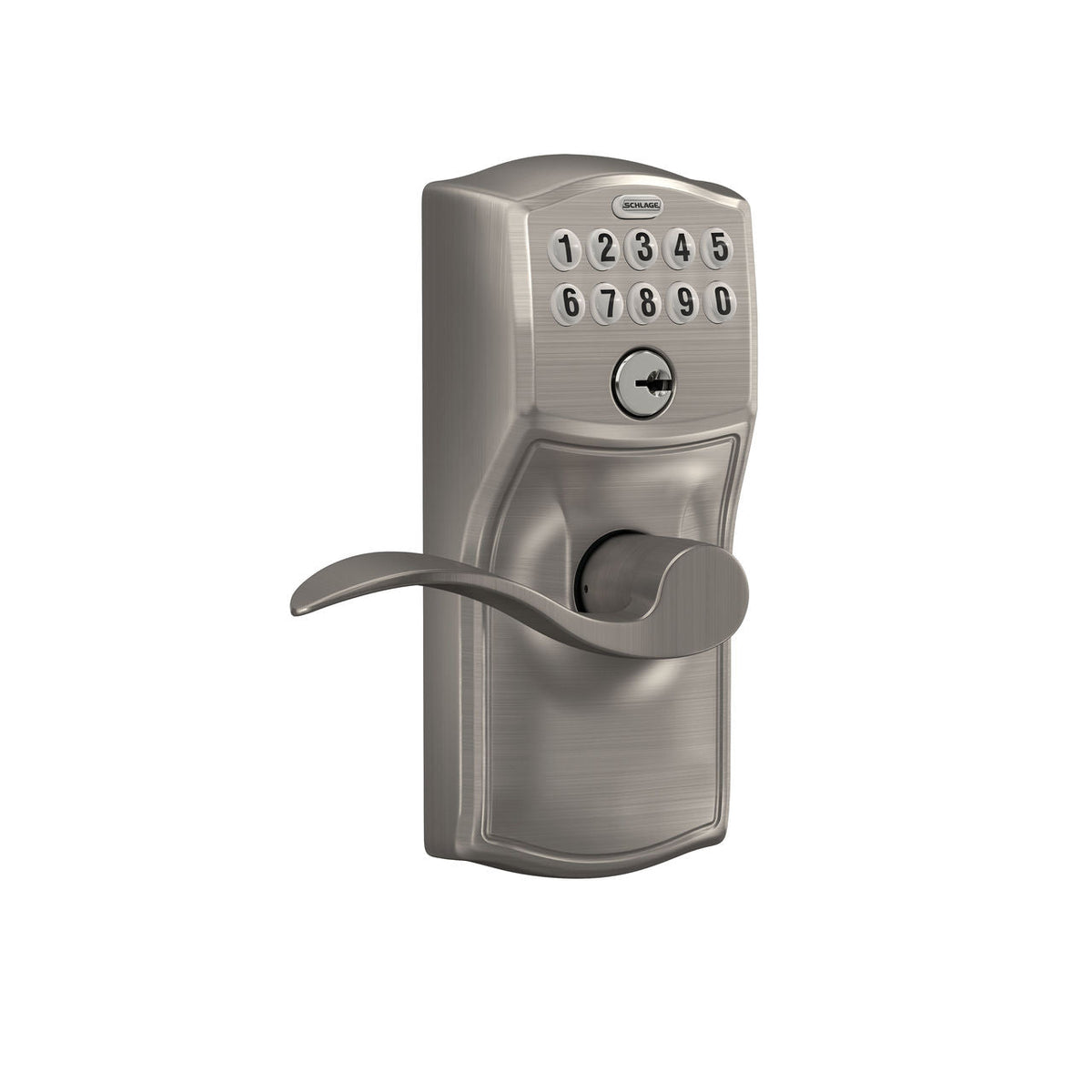 Schlage Camelot Satin Nickel Electronic Keypad Door Lock with Accent Lever Featuring Flex Lock